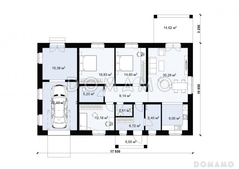 Проект одноэтажного облицованного кирпичом дома с гаражом на одну машину S-150 / План 1 этажа