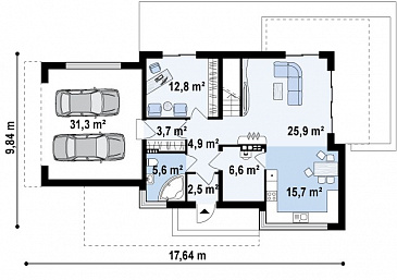 Проект двухэтажного дома из газобетона в стиле модерн, с четырьмя спальнями, кабинетом и гаражом / План 1 этажа Проект двухэтажного дома из газобетона в стиле модерн, с четырьмя спальнями, кабинетом и гаражом / План 1 этажа