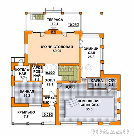 Проект дома с двускатной крышей, бассейном, зимним садом и небольшим подвалом / План 1 этажа Проект дома с двускатной крышей, бассейном, зимним садом и небольшим подвалом / План 1 этажа