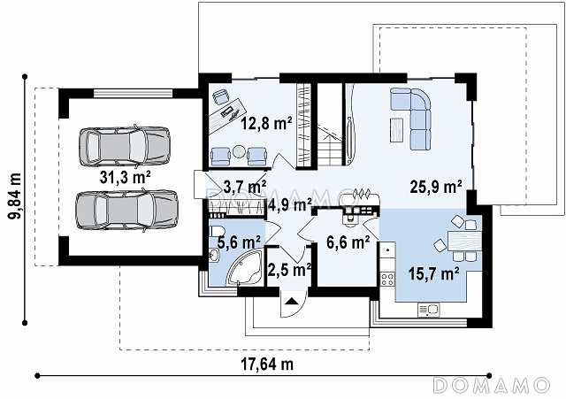 Проект двухэтажного дома из газобетона в стиле модерн, с четырьмя спальнями, кабинетом и гаражом / План 1 этажа Проект двухэтажного дома из газобетона в стиле модерн, с четырьмя спальнями, кабинетом и гаражом / План 1 этажа
