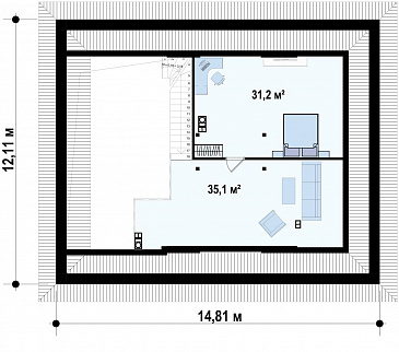 Проект современного дома с мансардным этажом, кладовой, душевой и сауной / План мансардного этажа