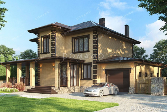 Проект дома с террасой и пристроенным гаражом