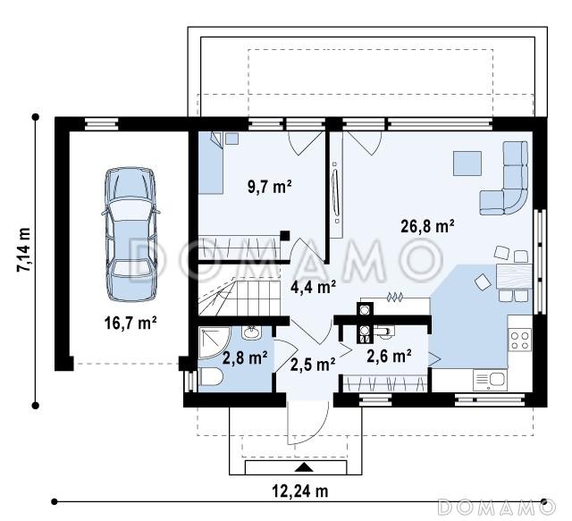 Проект одноэтажного дома из газобетона с мансардным этажом, светлой гостиной и гаражом для автомобиля / План 1 этажа