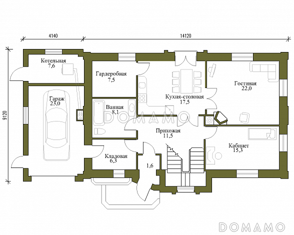 Проект газобетонного коттеджа для большой семьи / План 1 этажа