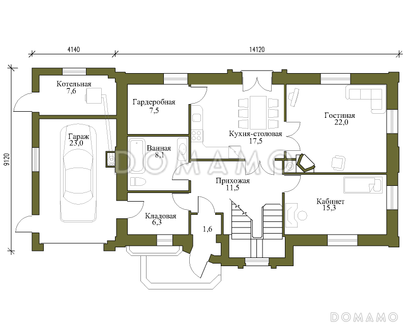 Проект газобетонного коттеджа для большой семьи / План 1 этажа
