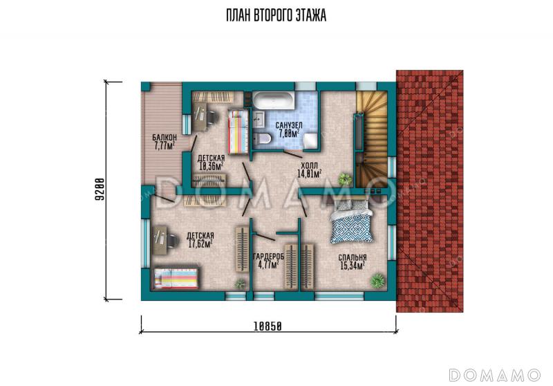 Проект двухэтажного коттеджа с 3 спальнями, просторной кухней-гостиной и крытой террасой / План 2 этажа