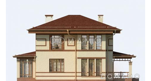 Проект двухэтажного дома из пеноблоков в бежево-коричневом цвете с верандой / Фасад 3