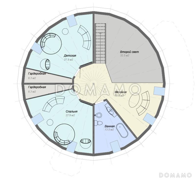 Проект круглого в плане дома с большими спальными комнатами / План мансардного этажа Проект круглого в плане дома с большими спальными комнатами / План мансардного этажа