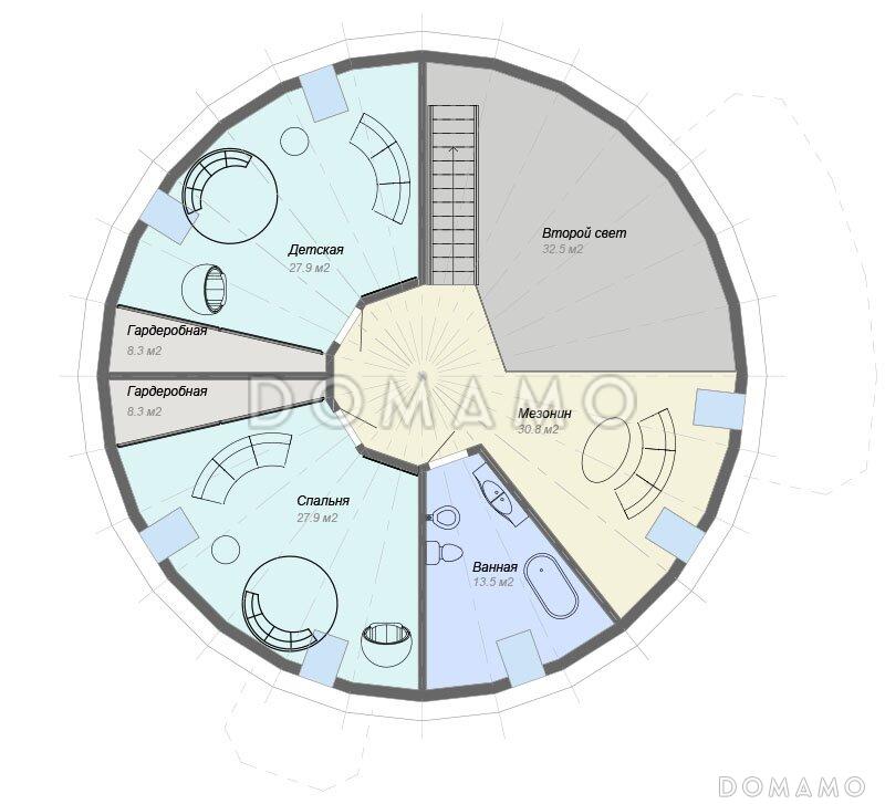 Проект круглого в плане дома с большими спальными комнатами / План мансардного этажа