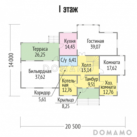 Проект дома из бруса с большой бильярдной на первом этаже / План 1 этажа