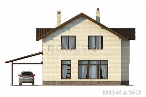 Проект бежевого двухэтажного дома с лоджией над крыльцом / Фасад 2