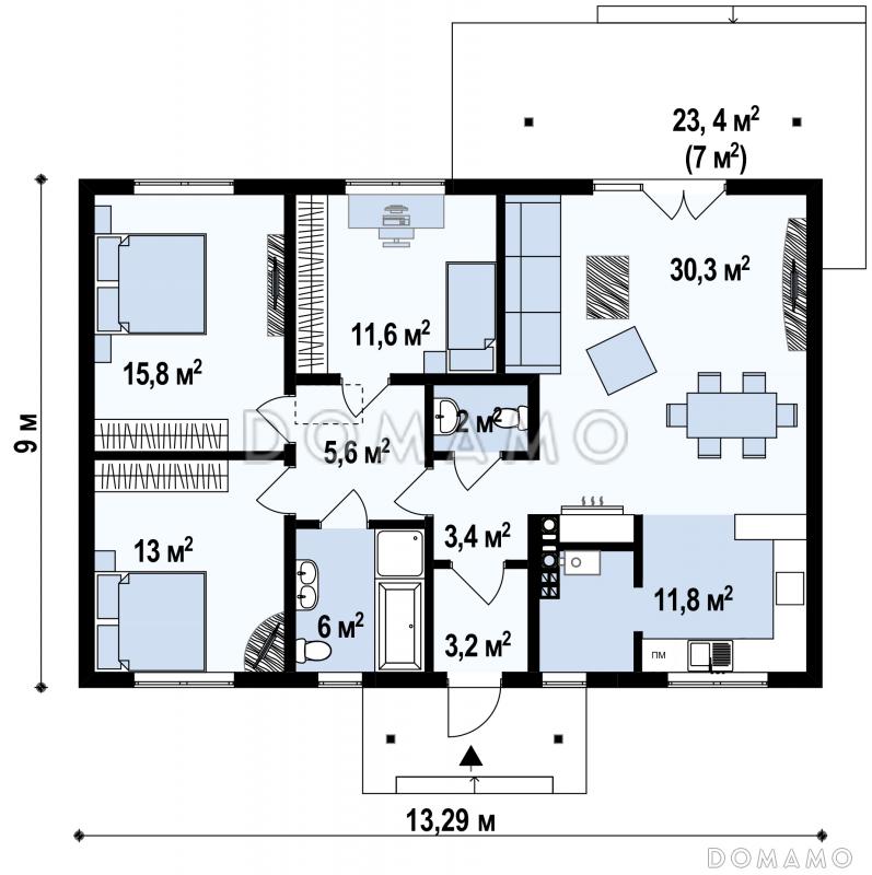 Проект одноэтажного дома адаптированного для каркасного строительства с тремя спальнями и крытой террасой / План 1 этажа