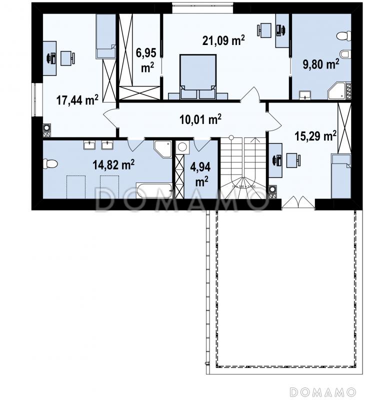 Проект комфортного одноэтажного мансардного дома из кирпича с гаражом и террасой над ним / План мансардного этажа