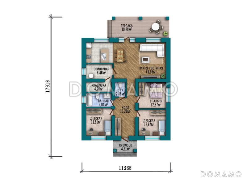 Проект простого одноэтажного дома с большой террасой, вальмовой кровлей, двумя санузлами и тремя спальнями / План 1 этажа