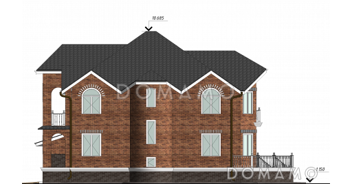 Проект двухэтажного дома с цокольным этажом, гаражом, эркером и террасой / Фасад 3