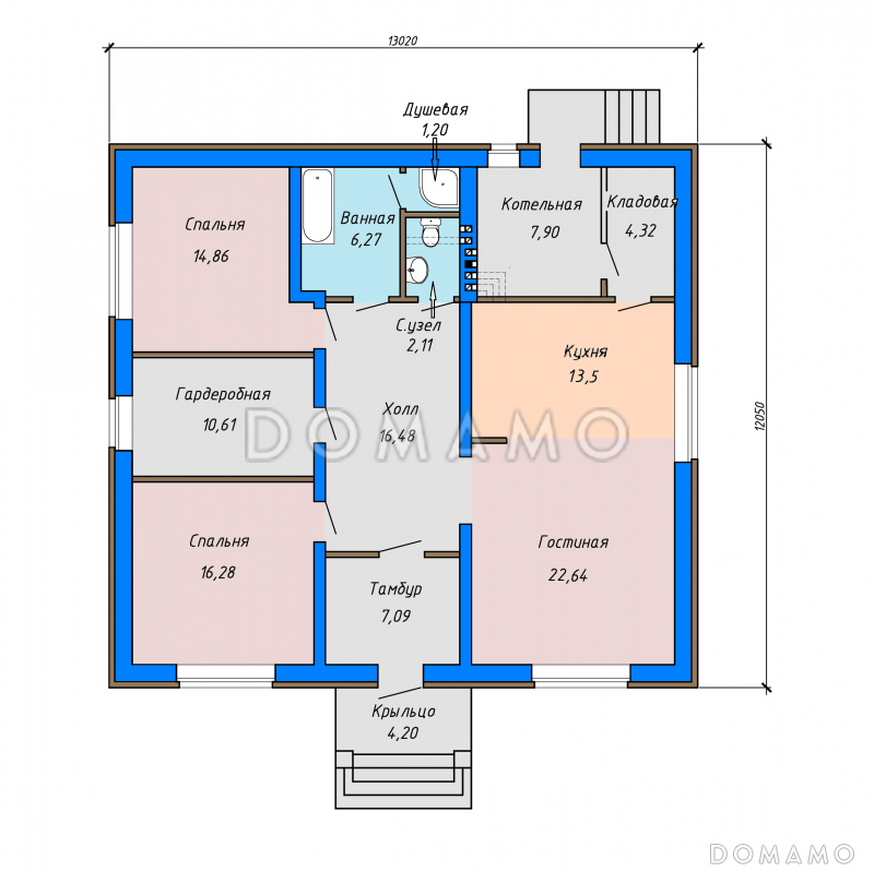Проект загородного дома с ванной и душевой, просторной гостиной, гардеробной с окном, кладовой в котельной / План 1 этажа