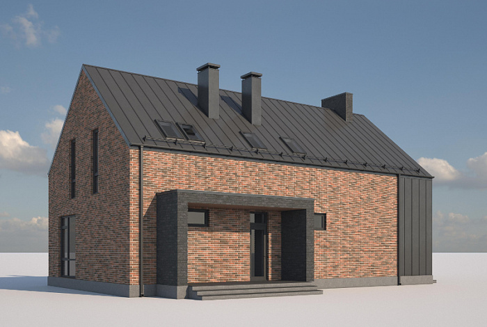 Проект дома с террасой, просторной гостиной, комнатами с санузлом