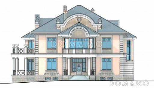 Проект коттеджа с просторной двусветной гостиной / Фасад 1