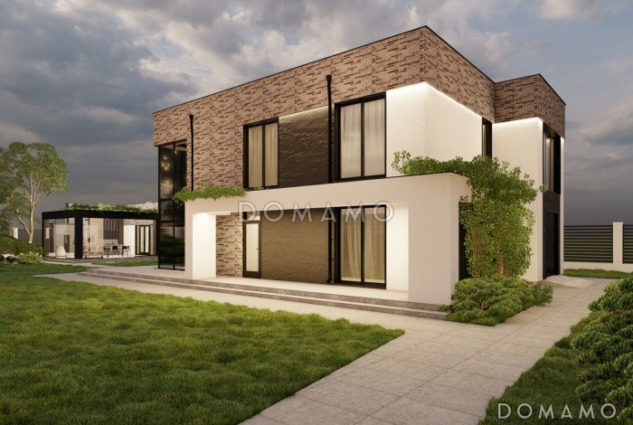 Проект двухэтажного дома в стиле хай-тек с мастерской-гаражом, очень просторной террасой и вторым светом Проект двухэтажного дома в стиле хай-тек с мастерской-гаражом, очень просторной террасой и вторым светом