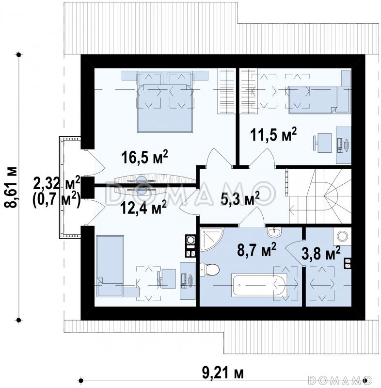 Проект мансардного дома из газобетона с кабинетом, тремя спальнями и балконом / План мансардного этажа