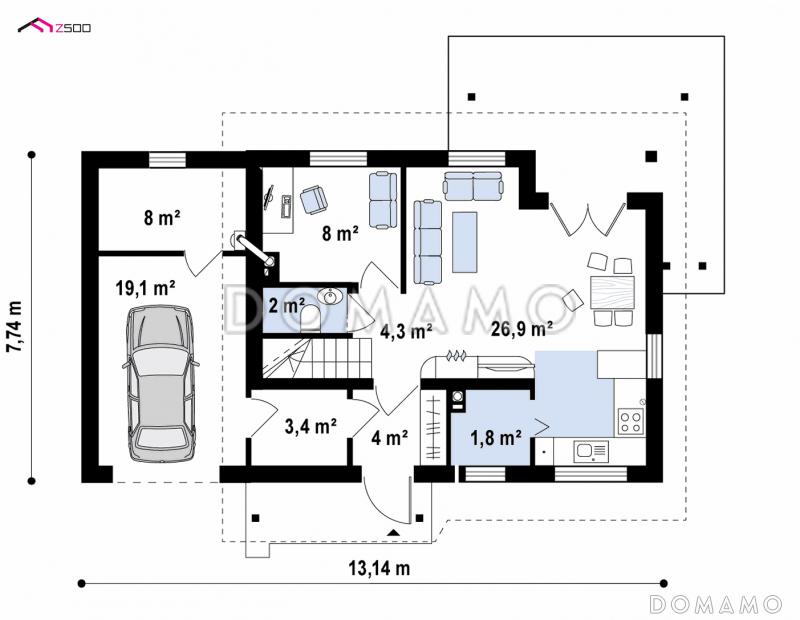 Проект дома из газобетона с мансардой, камином, кабинетом и гаражом / План 1 этажа