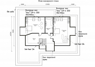 Проект одноэтажного дома с мансардой и треугольными окнами на крыше / План мансардного этажа Проект одноэтажного дома с мансардой и треугольными окнами на крыше / План мансардного этажа