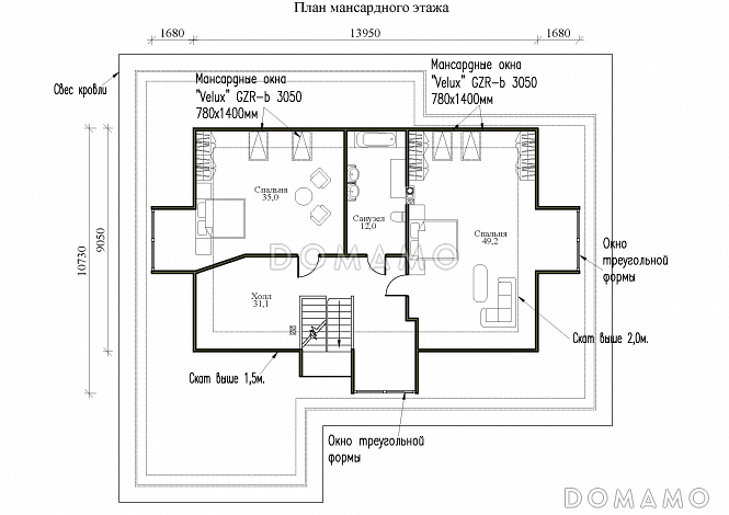 Проект одноэтажного дома с мансардой и треугольными окнами на крыше / План мансардного этажа Проект одноэтажного дома с мансардой и треугольными окнами на крыше / План мансардного этажа