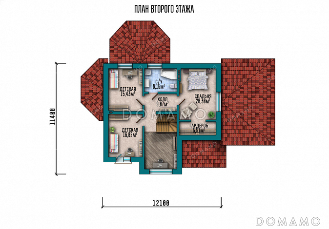 Проект двухэтажного дома с панорамным светлым окном и французским балконом в классическом стиле с эркером / План 2 этажа