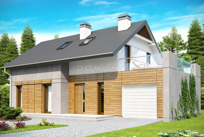 Проект одноэтажного мансардного дома из кирпича с дополнительной спальней на первом этаже, гаражом и террасой над ним