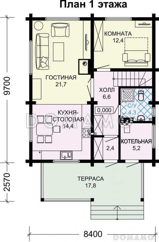 Проект двухэтажного дома из бруса с 4 спальнями и крыльцом-террасой / План 1 этажа