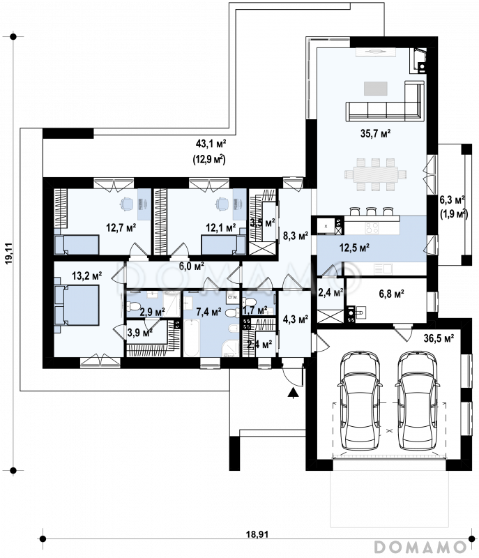 Проект одноэтажного дома из газобетона с тремя спальнями, гаражом на два автомобиля и барбекю на террасе / План 1 этажа