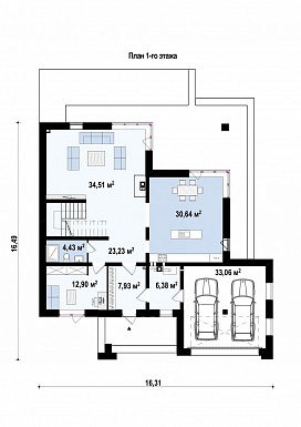 Проект просторного двухэтажного дома из газобетона с гаражом на два автомобиля для большой семьи  / План 1 этажа Проект просторного двухэтажного дома из газобетона с гаражом на два автомобиля для большой семьи  / План 1 этажа