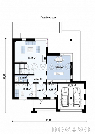 Проект просторного двухэтажного дома из газобетона с гаражом на два автомобиля для большой семьи  / План 1 этажа Проект просторного двухэтажного дома из газобетона с гаражом на два автомобиля для большой семьи  / План 1 этажа