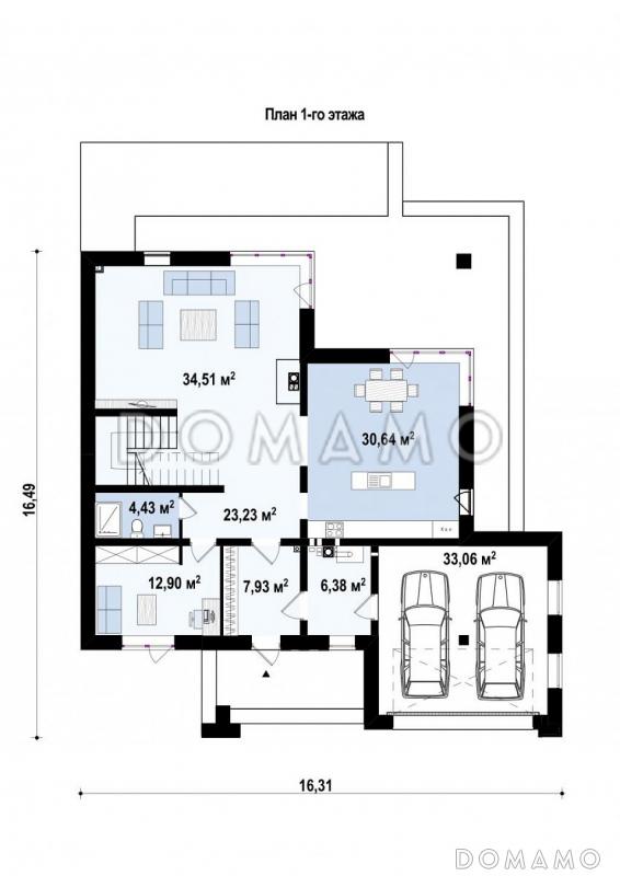 Проект просторного двухэтажного дома из газобетона с гаражом на два автомобиля для большой семьи  / План 1 этажа