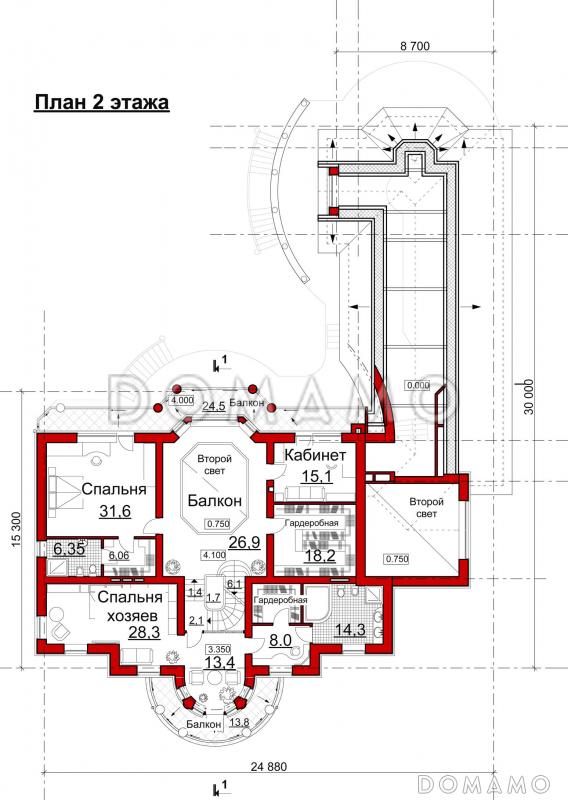 Проект коттеджа с двусветной гостиной, бильярдной и бассейном / План 2 этажа Проект коттеджа с двусветной гостиной, бильярдной и бассейном / План 2 этажа