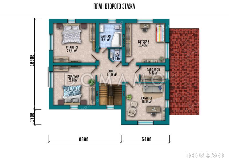 Проект двухэтажного дома с 3 спальнями, кабинетом и гостевой внизу / План 2 этажа