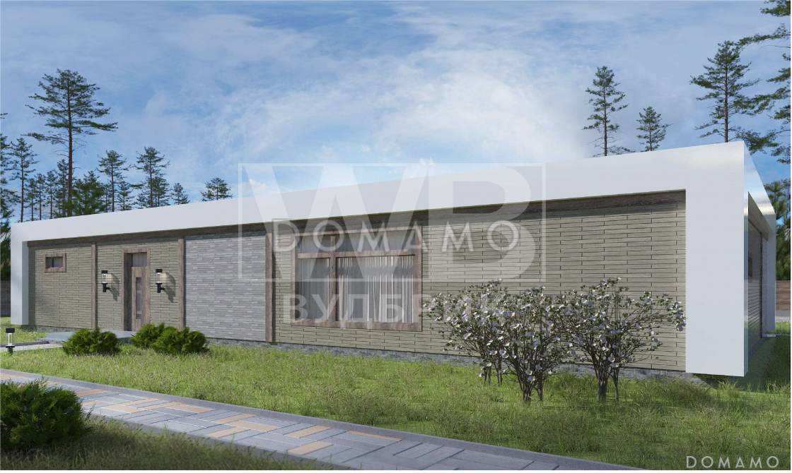 Проект одноэтажного современного дома с панорамными окнами, тремя спальнями и большой крытой террасой / 3