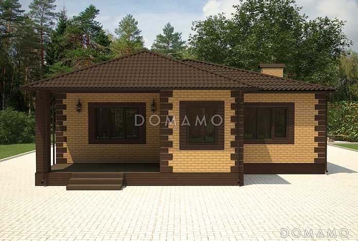 Проект дома с террасой и небольшой верандой, кухней-гостиной и тремя спальнями Проект дома с террасой и небольшой верандой, кухней-гостиной и тремя спальнями