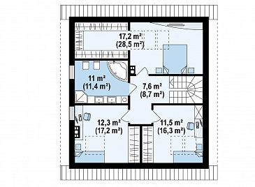 Проект одноэтажного мансардного дома из кирпича с дополнительной спальней на первом этаже / План мансардного этажа