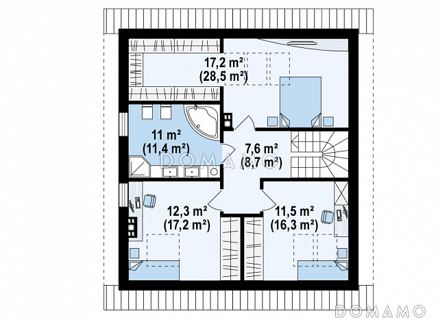 Проект одноэтажного мансардного дома из кирпича с дополнительной спальней на первом этаже / План мансардного этажа