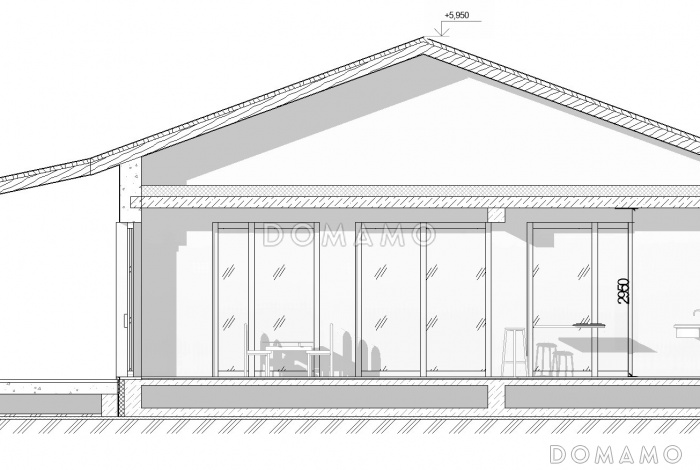 Проект одноэтажного загородного дома с тремя спальнями и большой гостиной с окнами в пол