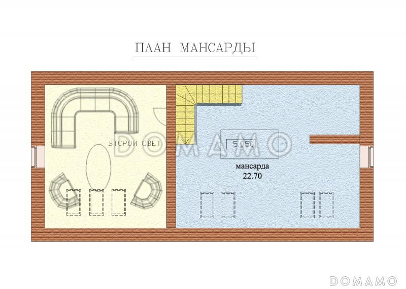 Проект двухэтажного дома с цокольным и мансардным этажами, с сауной и гаражом / План мансардного этажа