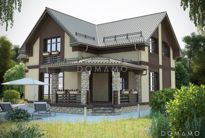 Проект красивого двухэтажного дома из СИП панелей c большим гаражом и террасой Проект красивого двухэтажного дома из СИП панелей c большим гаражом и террасой