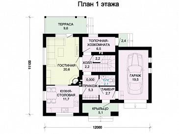 Проект коттеджа с красной двускатной крышей, тремя спальными комнатами, балконом и гаражом / План 1 этажа Проект коттеджа с красной двускатной крышей, тремя спальными комнатами, балконом и гаражом / План 1 этажа