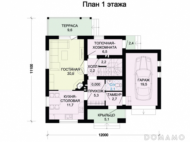 Проект коттеджа с красной двускатной крышей, тремя спальными комнатами, балконом и гаражом / План 1 этажа Проект коттеджа с красной двускатной крышей, тремя спальными комнатами, балконом и гаражом / План 1 этажа
