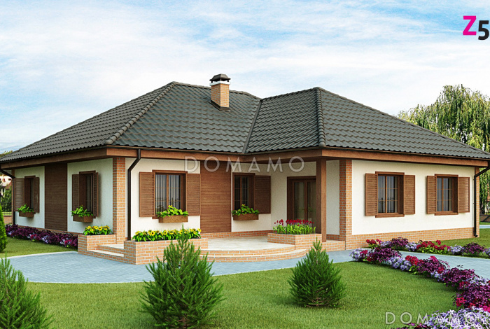 Проект просторного одноэтажного дома из газобетона с большой гостиной и  со встроенным гаражом на два автомобиля 