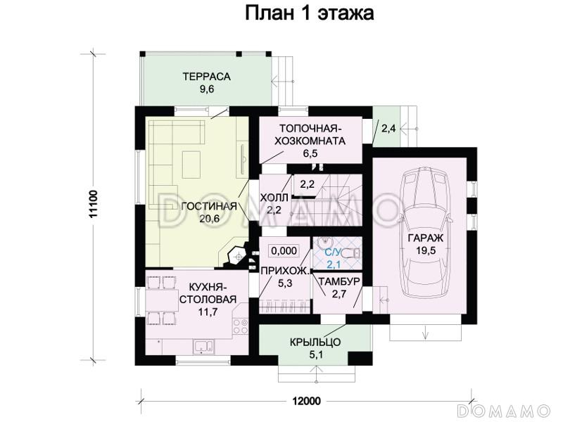 Проект коттеджа с красной двускатной крышей, тремя спальными комнатами, балконом и гаражом / План 1 этажа