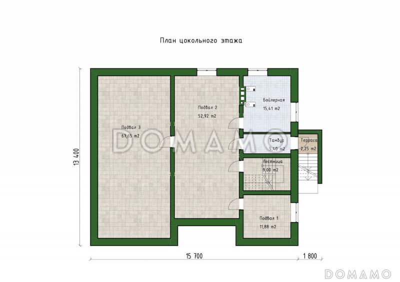 Проект трехуровневого дома с 3 спальнями, балконом и большим подвалом / План цокольного этажа