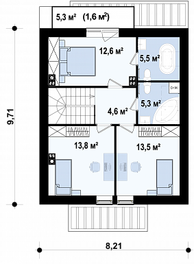 Проект компактного одноэтажного мансардного дома из кирпича с тремя спальнями и кабинетом / План мансардного этажа Проект компактного одноэтажного мансардного дома из кирпича с тремя спальнями и кабинетом / План мансардного этажа