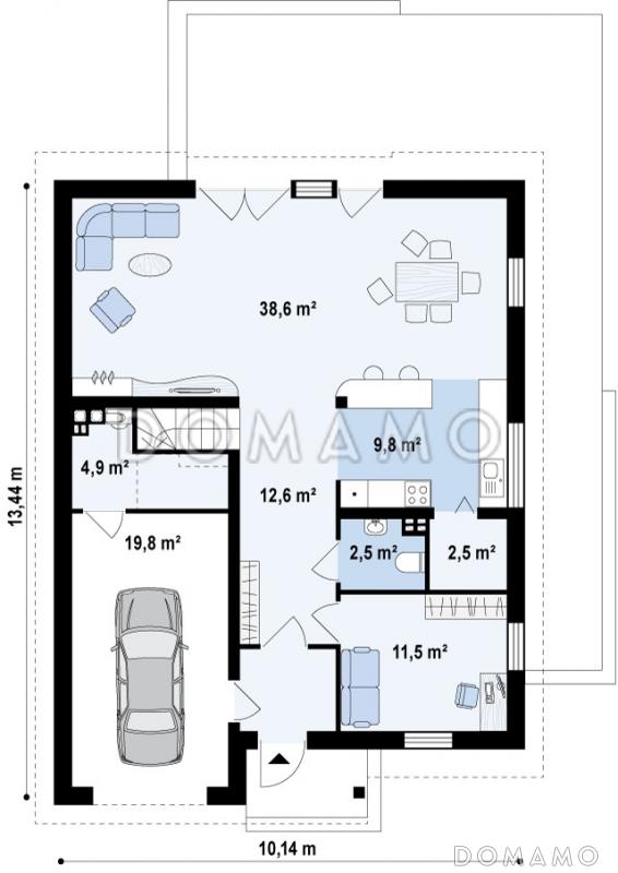 Проект одноэтажного мансардного дома из кирпича с кабинетом, гаражом и большой гостиной / План 1 этажа